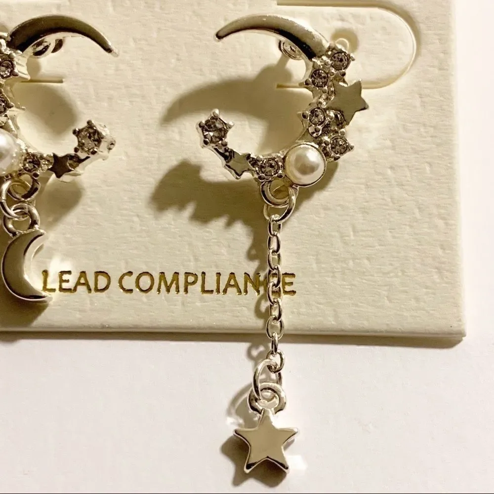 Silver Mini Crescent Moon Chain Earrings